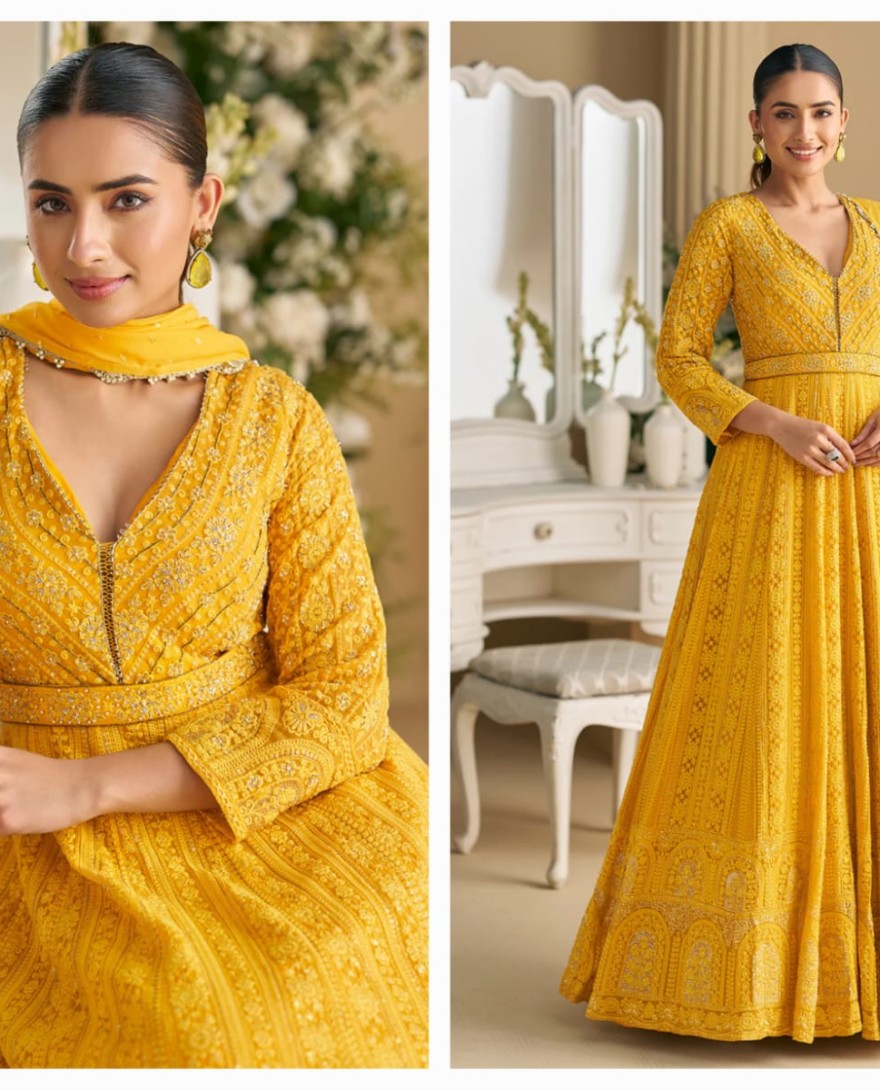 YELLOW - Yellow Chikankari Embroidered Wedding Festive Anarkali Gown